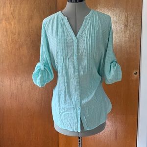 Bit & Bridle aqua blue plaid button up blouse L